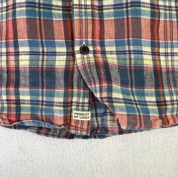 Lucky Brand Shirt Men's Size Large Red Blue Linen Plaid Short Sleeve Button Down - Picture 9 of 11